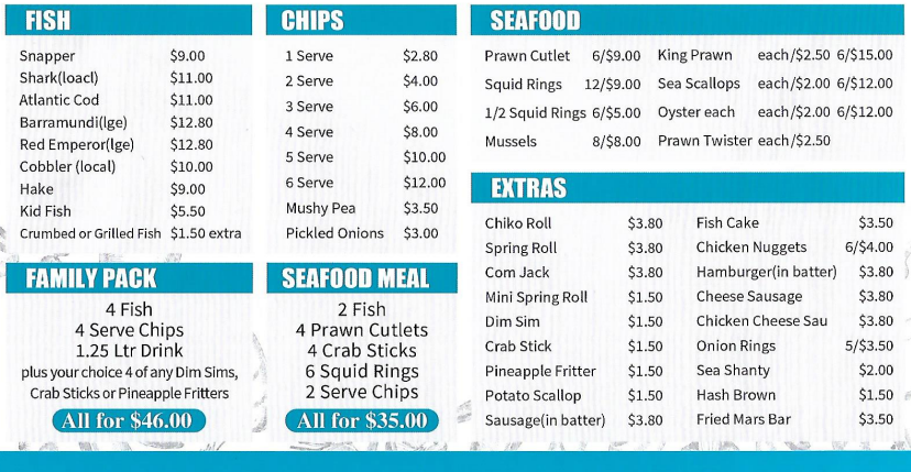 Menu – Waratah Fish 'N' Chips